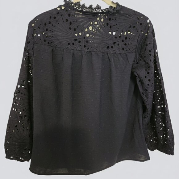 NWT Parker & Rowe Eyelet Lace Peasant Blouse - Black - Size Medium - Picture 2 of 5